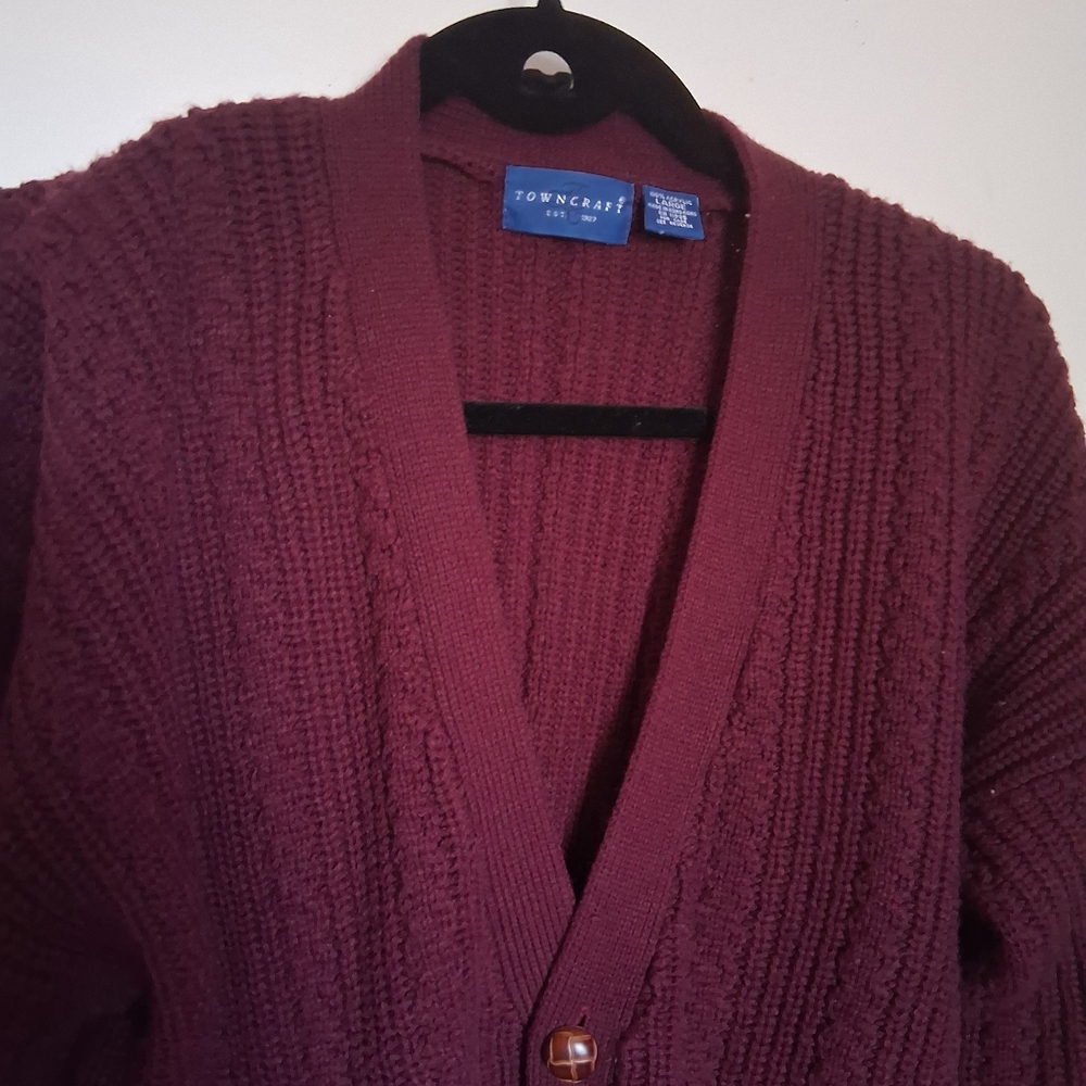 Vintage Towncraft Burgundy Cable Knit Heavy Cardigan Sweater - Picture 3 of 5